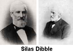 Two small black and white photos of Silas Dibble from the shoulders up; one full-face, the other in profile